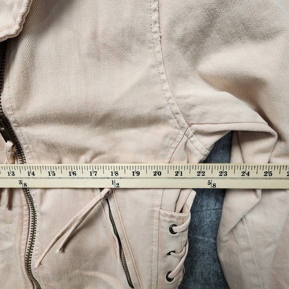 Free People Pink Denim Moto Oversized Jacket Womens Medium Lace Up Sides Zip Up - Picture 8 of 9